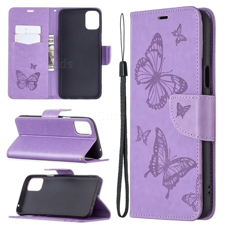 Embossing Double Butterfly Leather Wallet Case for LG K42 - Purple