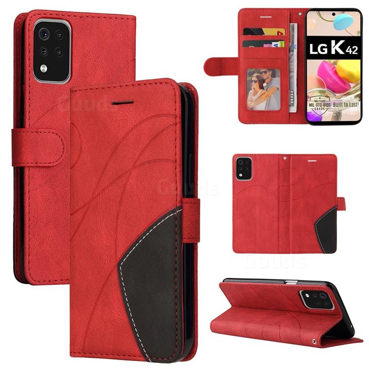 Luxury Two-color Stitching Leather Wallet Case Cover for LG K42 - Red