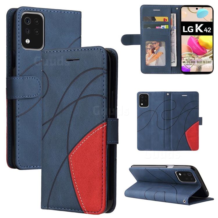 Luxury Two-color Stitching Leather Wallet Case Cover for LG K42 - Blue