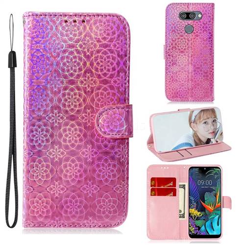 Laser Circle Shining Leather Wallet Phone Case for LG K50 - Pink