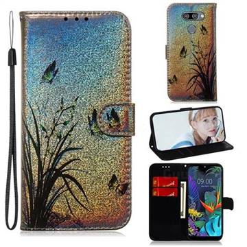 Butterfly Orchid Laser Shining Leather Wallet Phone Case for LG K50