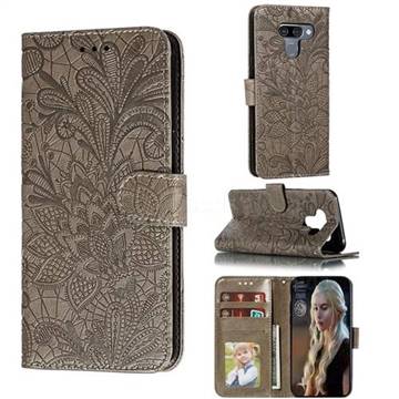 Intricate Embossing Lace Jasmine Flower Leather Wallet Case for LG K50 - Gray