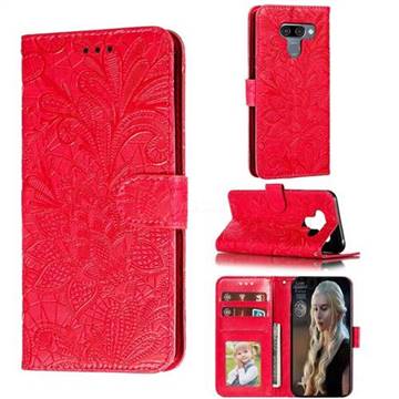 Intricate Embossing Lace Jasmine Flower Leather Wallet Case for LG K50 - Red