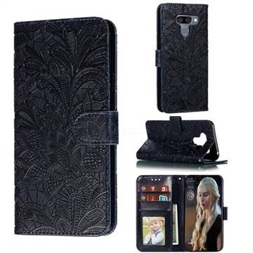 Intricate Embossing Lace Jasmine Flower Leather Wallet Case for LG K50 - Dark Blue
