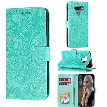Intricate Embossing Lace Jasmine Flower Leather Wallet Case for LG K50 - Green