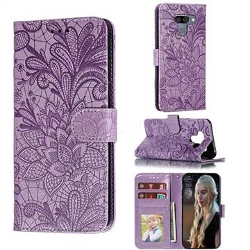 Intricate Embossing Lace Jasmine Flower Leather Wallet Case for LG K50 - Purple