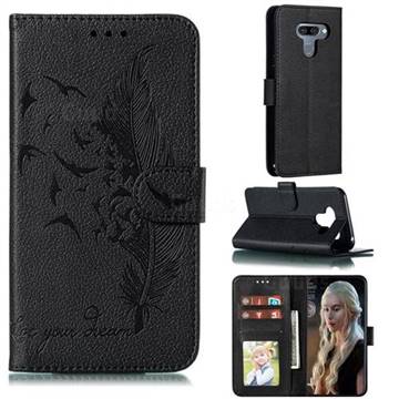 Intricate Embossing Lychee Feather Bird Leather Wallet Case for LG K50 - Black