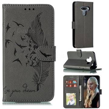 Intricate Embossing Lychee Feather Bird Leather Wallet Case for LG K50 - Gray