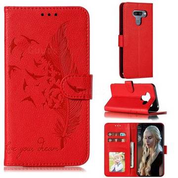 Intricate Embossing Lychee Feather Bird Leather Wallet Case for LG K50 - Red