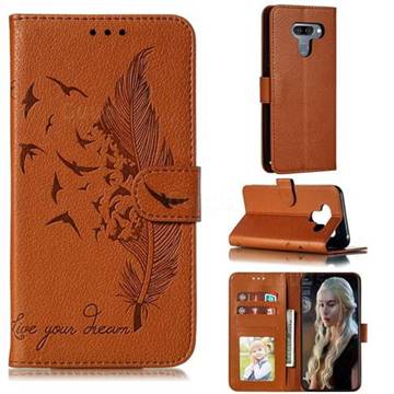 Intricate Embossing Lychee Feather Bird Leather Wallet Case for LG K50 - Brown