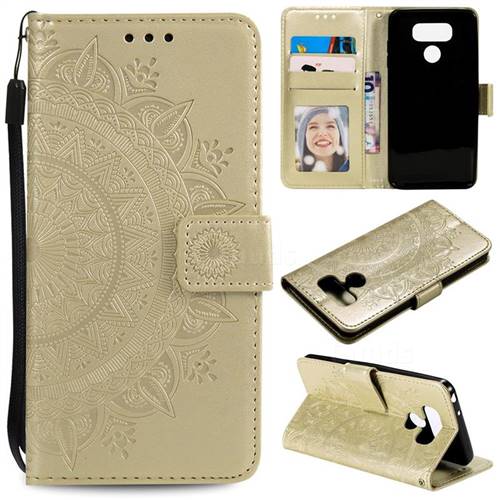 Intricate Embossing Datura Leather Wallet Case for LG K50 - Golden