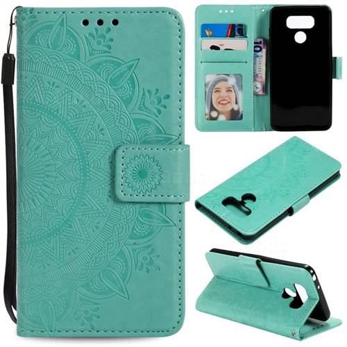 Intricate Embossing Datura Leather Wallet Case for LG K50 - Mint Green
