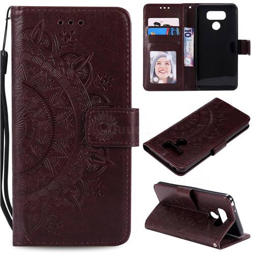 Intricate Embossing Datura Leather Wallet Case for LG K50 - Brown