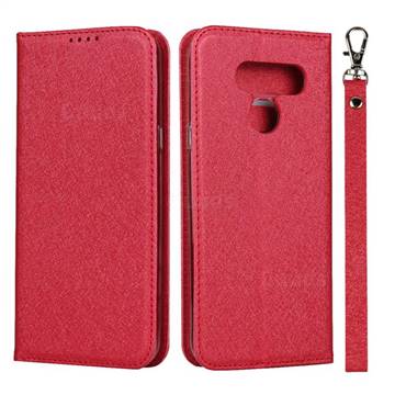 Ultra Slim Magnetic Automatic Suction Silk Lanyard Leather Flip Cover for LG K50 - Red