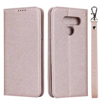 Ultra Slim Magnetic Automatic Suction Silk Lanyard Leather Flip Cover for LG K50 - Rose Gold