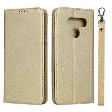 Ultra Slim Magnetic Automatic Suction Silk Lanyard Leather Flip Cover for LG K50 - Golden
