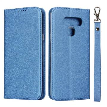 Ultra Slim Magnetic Automatic Suction Silk Lanyard Leather Flip Cover for LG K50 - Sky Blue