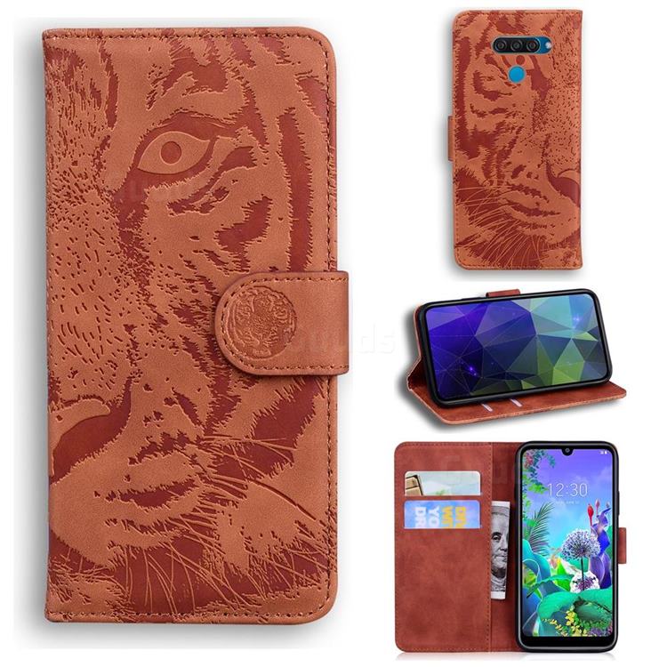 Intricate Embossing Tiger Face Leather Wallet Case for LG K50 - Brown