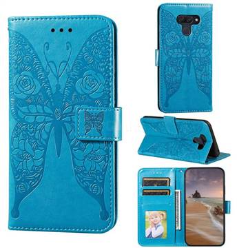 Intricate Embossing Rose Flower Butterfly Leather Wallet Case for LG K50 - Blue