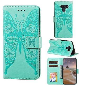 Intricate Embossing Rose Flower Butterfly Leather Wallet Case for LG K50 - Green