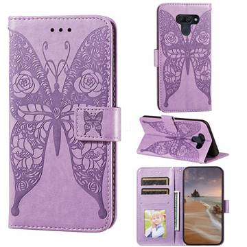 Intricate Embossing Rose Flower Butterfly Leather Wallet Case for LG K50 - Purple