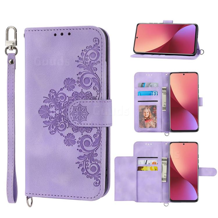 Skin Feel Embossed Lace Flower Multiple Card Slots Leather Wallet Phone Case for LG K50 - Purple