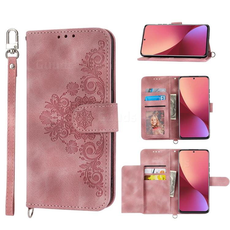 Skin Feel Embossed Lace Flower Multiple Card Slots Leather Wallet Phone Case for LG K50 - Pink