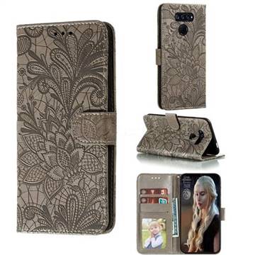 Intricate Embossing Lace Jasmine Flower Leather Wallet Case for LG K50S - Gray
