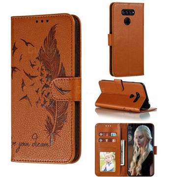 Intricate Embossing Lychee Feather Bird Leather Wallet Case for LG K50S - Brown