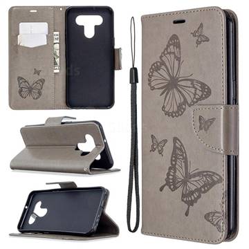 Embossing Double Butterfly Leather Wallet Case for LG K51 - Gray