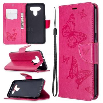 Embossing Double Butterfly Leather Wallet Case for LG K51 - Red