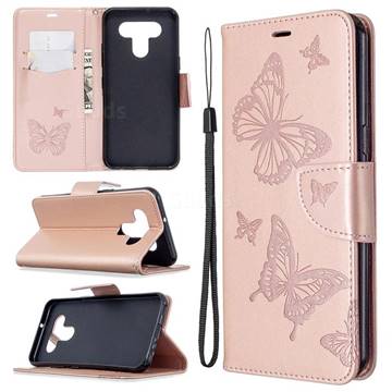 Embossing Double Butterfly Leather Wallet Case for LG K51 - Rose Gold