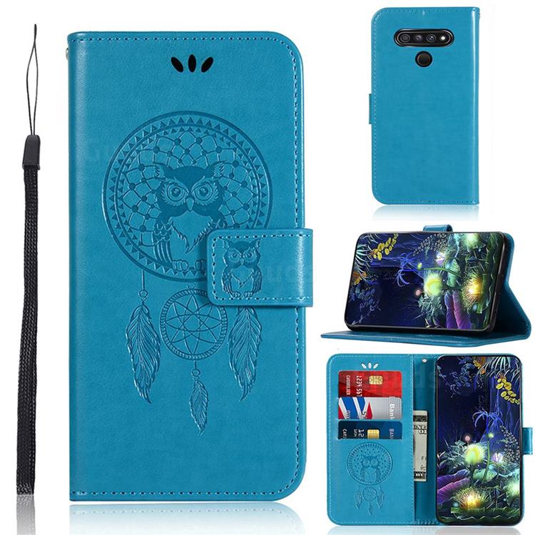 Intricate Embossing Owl Campanula Leather Wallet Case for LG K51 - Blue