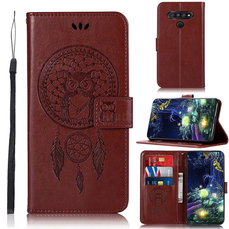 Intricate Embossing Owl Campanula Leather Wallet Case for LG K51 - Brown