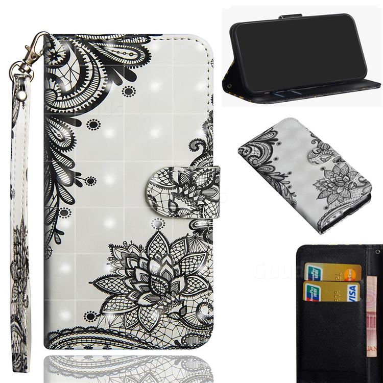 Black Lace Flower 3D Painted Leather Wallet Case for LG K51