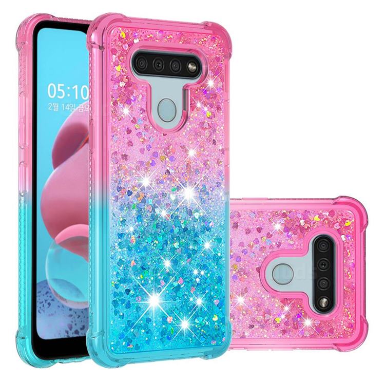 Rainbow Gradient Liquid Glitter Quicksand Sequins Phone Case for LG K51 - Pink Blue