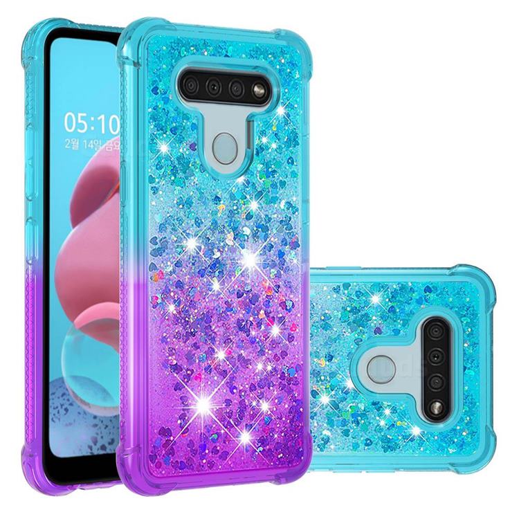 Rainbow Gradient Liquid Glitter Quicksand Sequins Phone Case for LG K51 - Blue Purple