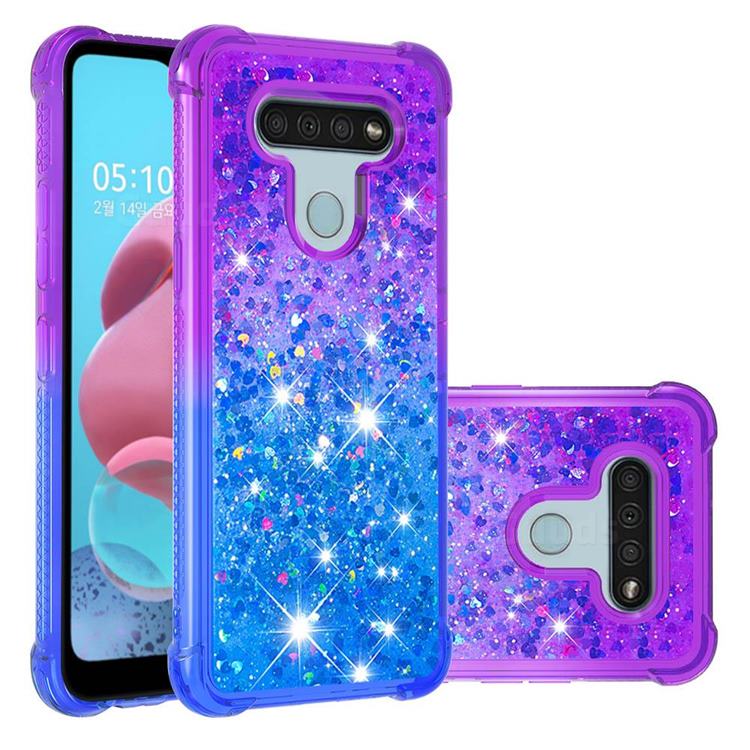 Rainbow Gradient Liquid Glitter Quicksand Sequins Phone Case for LG K51 - Purple Blue