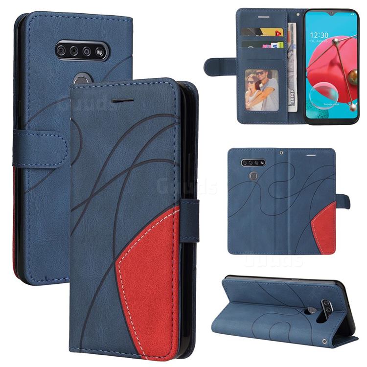 Luxury Two-color Stitching Leather Wallet Case Cover for LG K51 - Blue