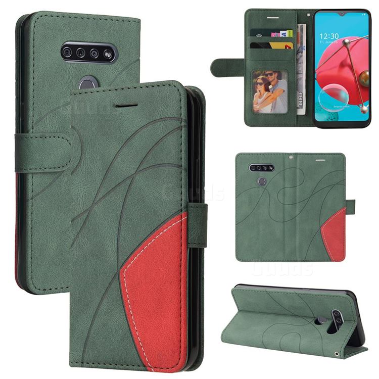 Luxury Two-color Stitching Leather Wallet Case Cover for LG K51 - Green