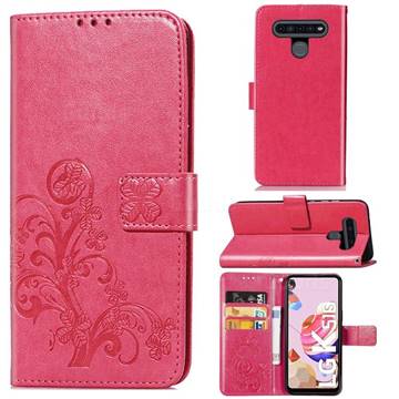 Embossing Imprint Four-Leaf Clover Leather Wallet Case for LG K51S - Rose Red