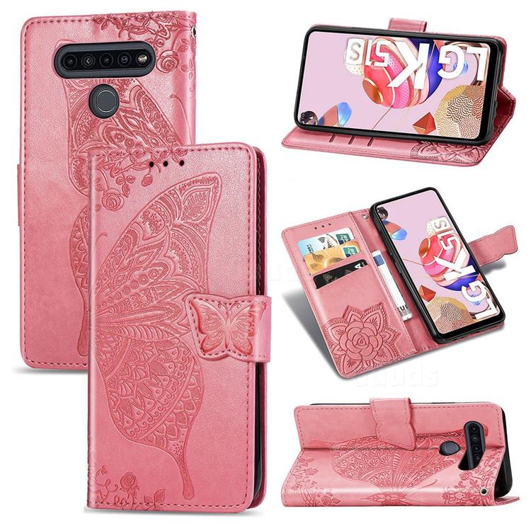 Embossing Mandala Flower Butterfly Leather Wallet Case for LG K51S - Pink