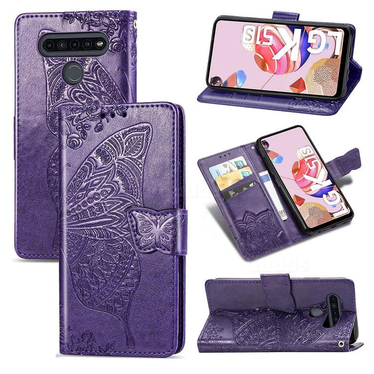 Embossing Mandala Flower Butterfly Leather Wallet Case for LG K51S - Dark Purple