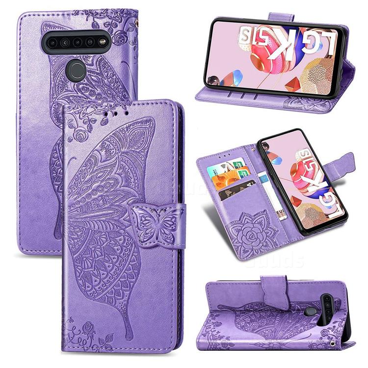 Embossing Mandala Flower Butterfly Leather Wallet Case for LG K51S - Light Purple