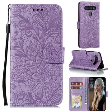 Intricate Embossing Lace Jasmine Flower Leather Wallet Case for LG K51S - Purple