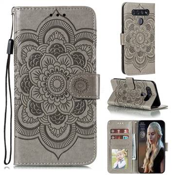 Intricate Embossing Datura Solar Leather Wallet Case for LG K51S - Gray