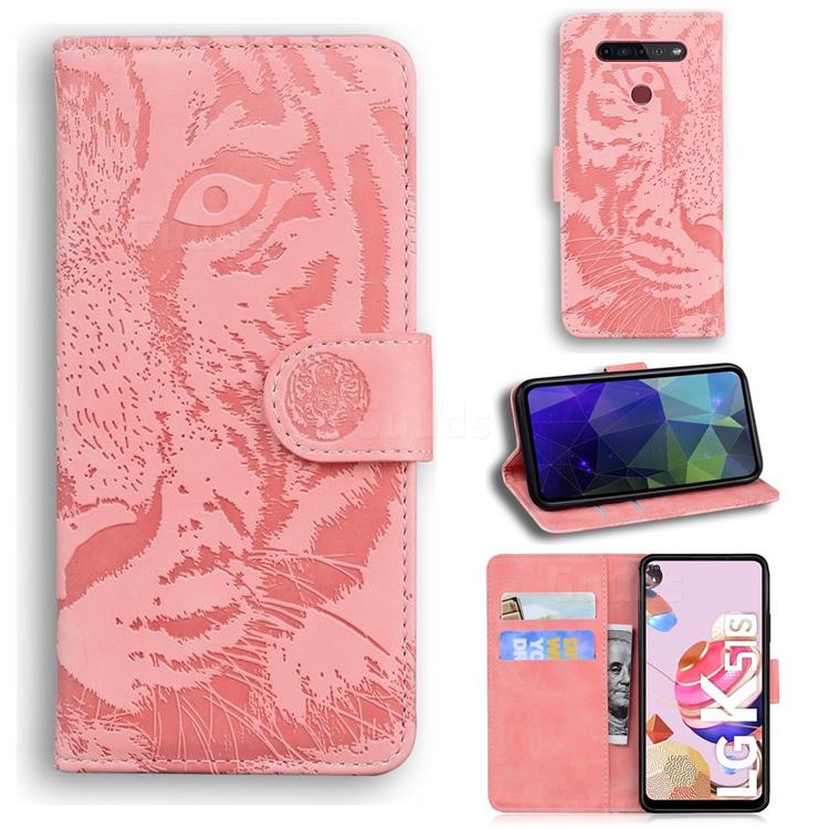 Intricate Embossing Tiger Face Leather Wallet Case for LG K51S - Pink