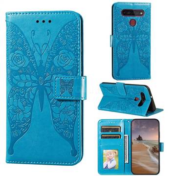Intricate Embossing Rose Flower Butterfly Leather Wallet Case for LG K51S - Blue