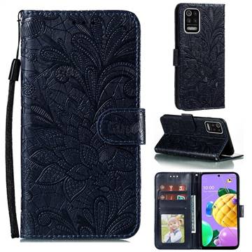 Intricate Embossing Lace Jasmine Flower Leather Wallet Case for LG K52 K62 Q52 - Dark Blue
