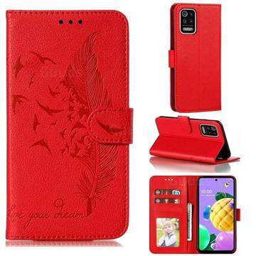 Intricate Embossing Lychee Feather Bird Leather Wallet Case for LG K52 K62 Q52 - Red